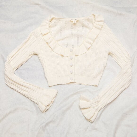 For Love & Lemons XS Camille Pointelle Knit Ruffle Crop Cardigan Top Sweater - Picture 6 of 16